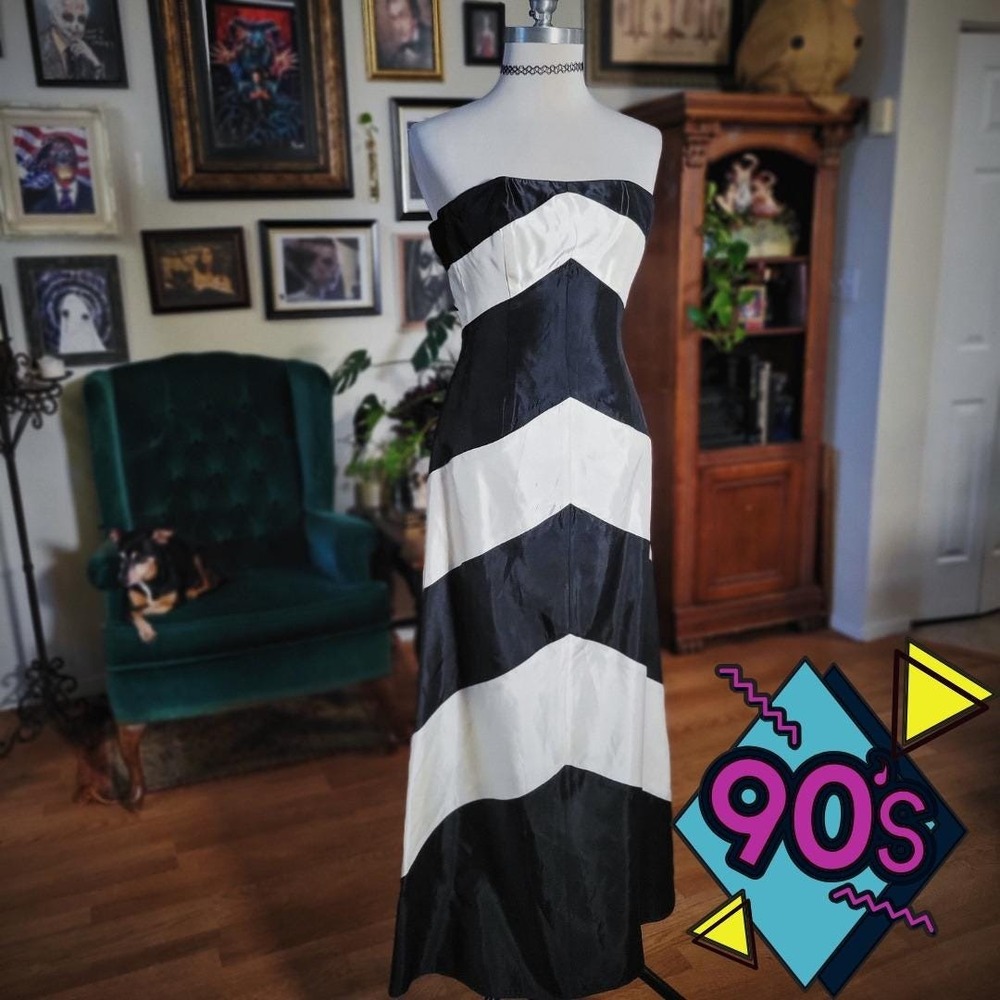 Jessica McClintock Maxi Dress Gown‎ Vintage 90s Black White Chevron Strapless